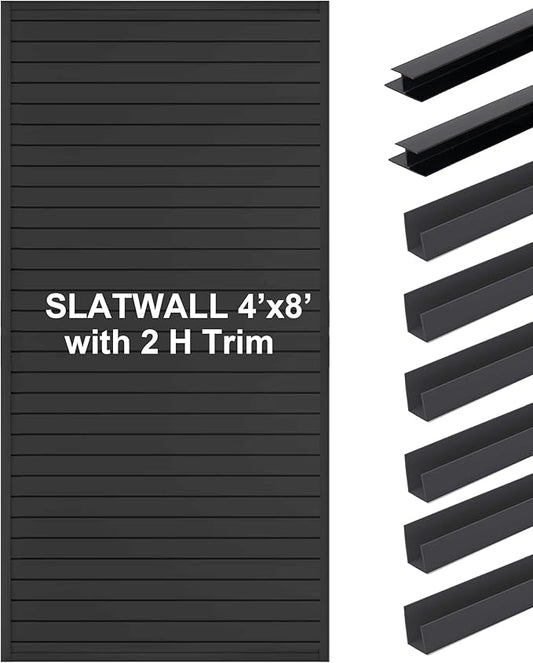 FRAYSCENT Slat Wall Paneling Garage Wall Organizer, Slatwall Panels Garage Tool Organizer Wall Mount Garage Slat Wall Storage Systems, Slat Board PVC Wall Panels (Black, 8ftx4ft with 2H Trim)