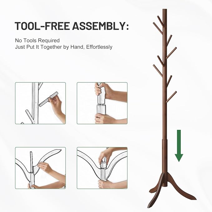 kiplant Bamboo Wood Coat Rack Stand, Freestanding Coat Tree with 8 Hooks, Hallway Entryway Hat Hanger Organizer Standing for Bedroom, Office, Clothes, Jackets, Bags, Umbrallas