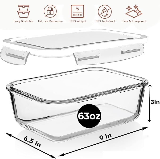 Razab 4 PC 1860ml / 63 Oz / 8 Cups Large Glass Food Storage Containers with Lids - Glass Meal Prep Containers for Roasting & Storing Leftover, Lunch Container with Lids, Microwave & Oven Safe