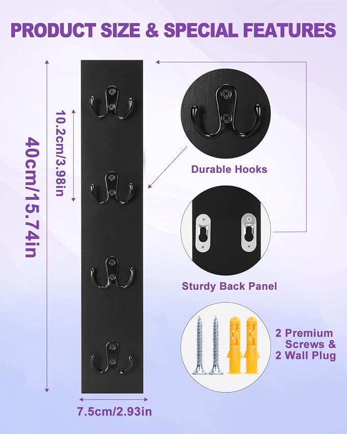 UCEC Vertical Key Holder Wall Mount Solid Wood Key Rack with Hooks Black | Space-Saving Key Organizer for Entryway, Garage & RV, Easy Install Wall Hooks for Hanging Keys, Wooden Wall Mounted Storage