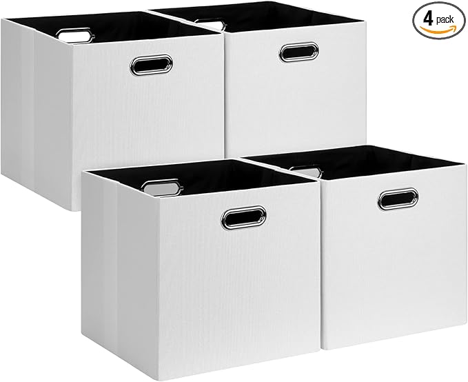 Posprica Fabric Storage Cubes, 13x13 Collapsible Storage Bins with Dual Handles, Foldable Storage Boxes Basket for Closet Shelf Cabinet Bookcase Organization, Set of 4, White