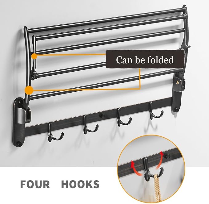 24 Inch Oil Rubbed Bronze Towel Racks, Bathroom Towel Shelf with Foldable Towel Bar Holder and Towel Hooks, Wall Mounted Multifunctional Bathroom Accessories, Double Towel Bars