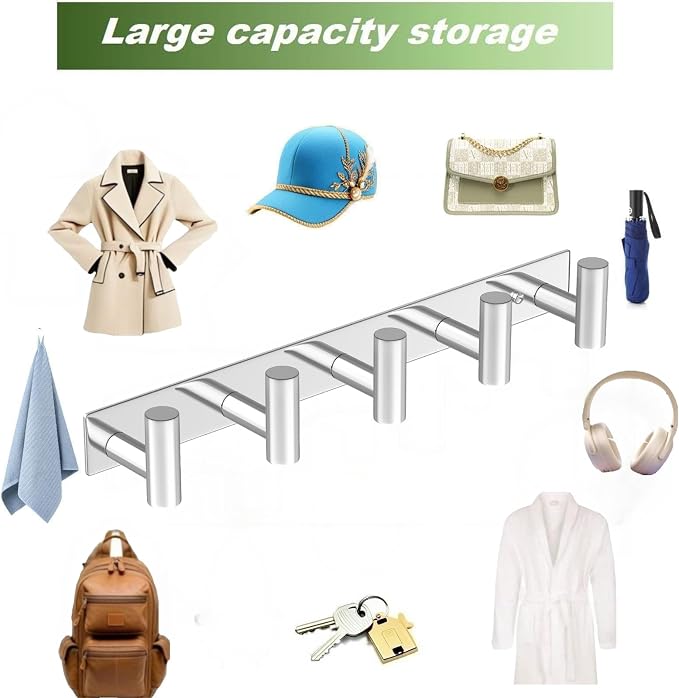 Wall Mounted Coat Rack-5 Hooks, Heavy Duty Stainless Steel Wall Hooks for Towel Coat Bag, Hat Rack Hanger Coat Hooks Towel Racks for Bathroom Entryway Kitchen Hotel (Glossy Chrome, 1 Pack)