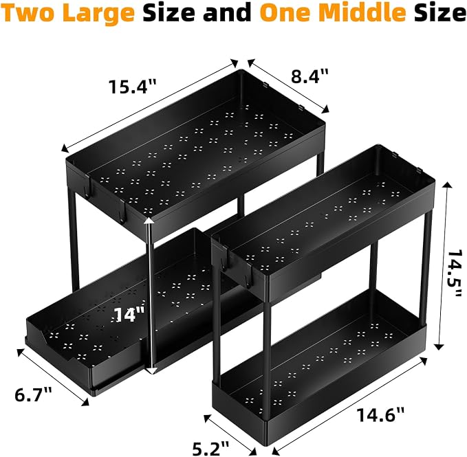 Simple Trending 3 Pack Under Sink Organizer, Pull-Out Cabinet Organizer Drawer, 2 Tier Multi-Purpose Slide Out Storage Shelf for Kitchen Bathroom, Black
