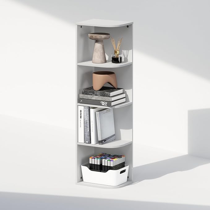Furinno Reed Corner Shelf, 4-Tier Corner Bookshelf, Book Shelf, Corner Shelves, Storage Rack, for Organization and Storage, Home Office, Living Room, White