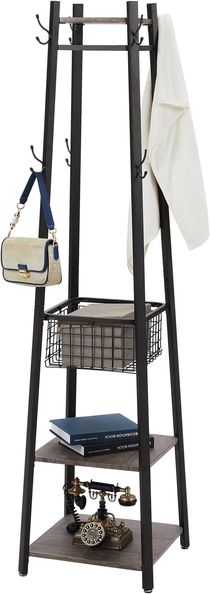 VECELO Industrial Coat Rack,Enterway Clothes Stand with 2 Tier Storage Shelves and Metal Basket,Upgrade Hall Trees with 8 Dual Hooks,Antique Brown