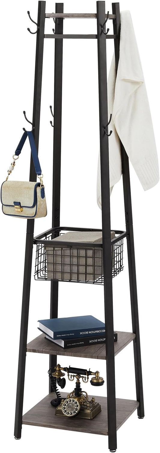 VECELO Industrial Coat Rack,Enterway Clothes Stand with 2 Tier Storage Shelves and Metal Basket,Upgrade Hall Trees with 8 Dual Hooks,Antique Brown