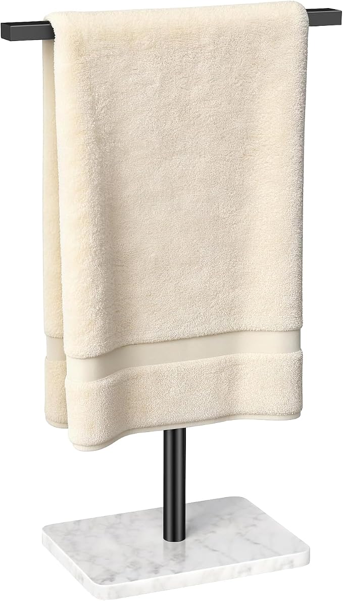 STWWO Hand Towel Holder for Bathroom, Towel Rack Stand Kitchen & Countertop 11~18.8IN Adjustable Retractable T-Shape, Marble Base Matte Black