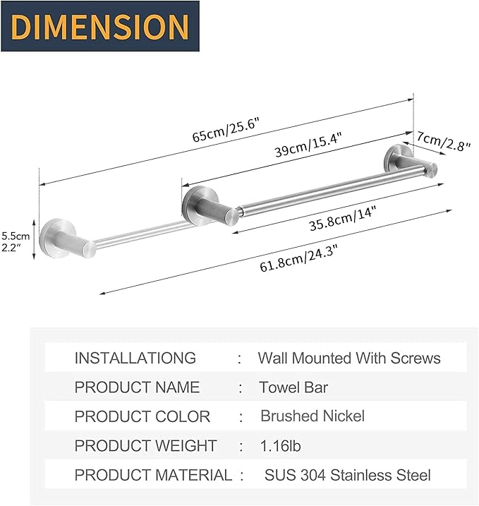 BESy Adjust Towel Bar Towel Racks for Bathroom Wall Mounted Brushed Nickel | Adjust 15" to 26" Rustproof, Stainless Steel Towel Holder, Wall Mounted for Bathroom Accessories, Heavy Duty, Space Saving