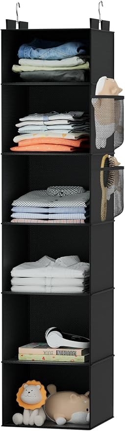 Hanging Closet Organizer and Storage with Bamboo Support, 6-Shelf Closet Hanging Storage Shelves, Closet Organizers Easy Mount Foldable for Bedroom(Black)