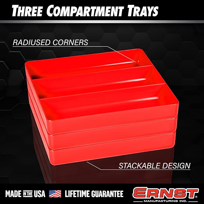 Ernst Tool Garage Organizer Tray, Red, 3-Compartments (Pack of 4)