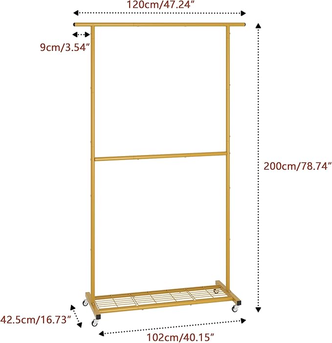 Sywhitta Double Rod Metal Clothing Rack on Wheels with Bottom Mesh,Gold | Rolling Garment Organizer, for Hanging Clothes,Coats,Easy to Assemble,Space-Saving,Mobile Organizer for Closet
