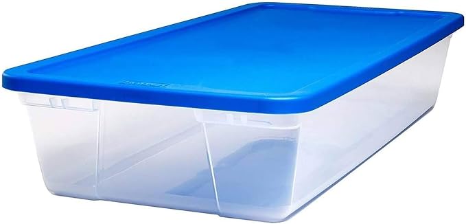 HOMZ Snaplock Clear Plastic Bin 41 Quart/10 Gallon | Storage Tote with Secure Lid | for Home, Office, Garage, Dorm Room Organizer | Stackable & Nestable | Blue Lid, Pack of 2