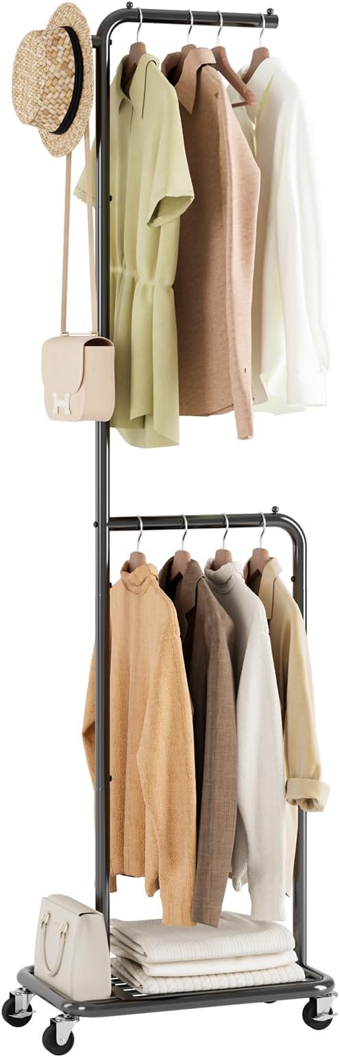Small Rolling Clothing Rack with Shelf, Narrow Clothes Rack with Wheels | Gasvadivum 71" Tall Sturdy Metal Garment Rack with Hanging Rod, Freestanding Portable Coat Rack for Bedroom, Entryway, Black