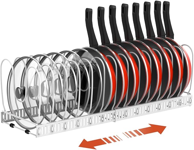 Housolution Pot and Pan Lid Organizer Holder Storage Rack, White | 12"-23" Expandable, 14 Adjustable Dividers, Sturdy Metal Construction, Easy Assembly