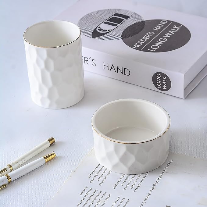 Aesthetic Desk Organizer Set of 2 For Office, Ceramic Pen Holder and Paper Clip Holder Dispenser, Cute Pencil Cup Pot for Desk, Desktop Accessories, Office Decor for women men Ideal Gifts (White Set)