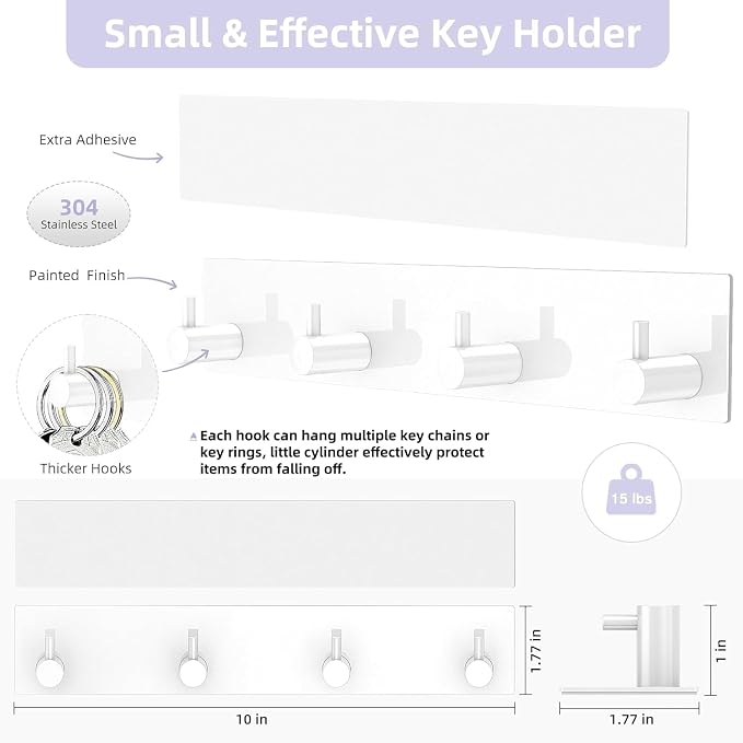 VIS'V Key Holder Wall Mount, Large Adhesive Key Hanger with 4 Hooks, White | Metal Material, No Drilling, Extra Adhesive Strip, Suitable for Entryway, Hallway, Doorway, Kitchen, Garage, Camper