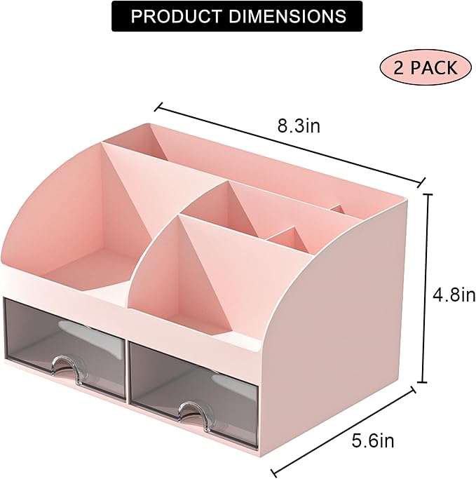 COMFYROOM Desk Organizer with 6 Compartments and 2 Drawers, Plastic Makeup Organizer, Pen Holder for Desktop Storage, Desk Organization for School, Home, Office Supplies Pink-2Pack
