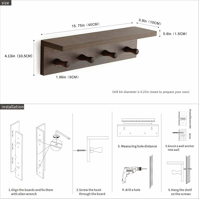 Entrance Coat Rack ，Coat Hooks, Wall-Mounted Wooden Hook Rack, Wall-Mounted Shelves are Very Suitable (Walnut Color Finish—A-1)