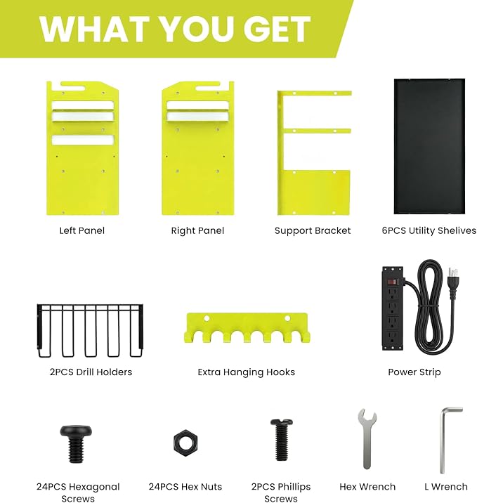 Power Tool Organizer Wall Mount, Includes Power Strip, GREEN | Heavy Duty 600 Lbs Metal Tool Storage Rack, 4-Tier Garage Drill Holder & Workshop Battery Management Station