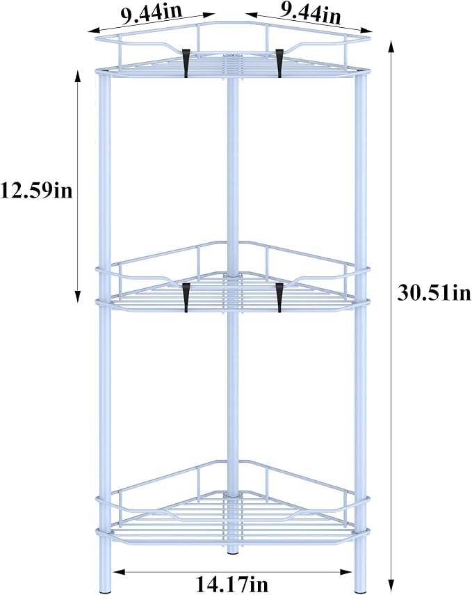 HuggieGems 3 Tier Floor Standing Corner Shower Caddy Organizer Shelf with Hooks, Bathroom Shelves Stand Rack, Blue