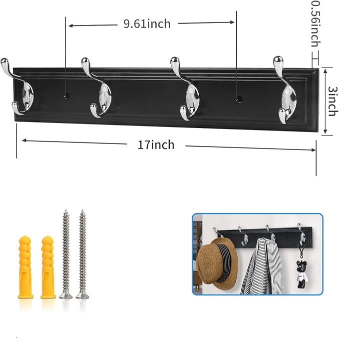 Wall Mounted Coat Hanger, 4 Hooks for Coats, Keys, Bags - Heavy Duty Zinc Alloy, Versatile for Entryway, Bedroom, Kitchen, Mudroom - Black