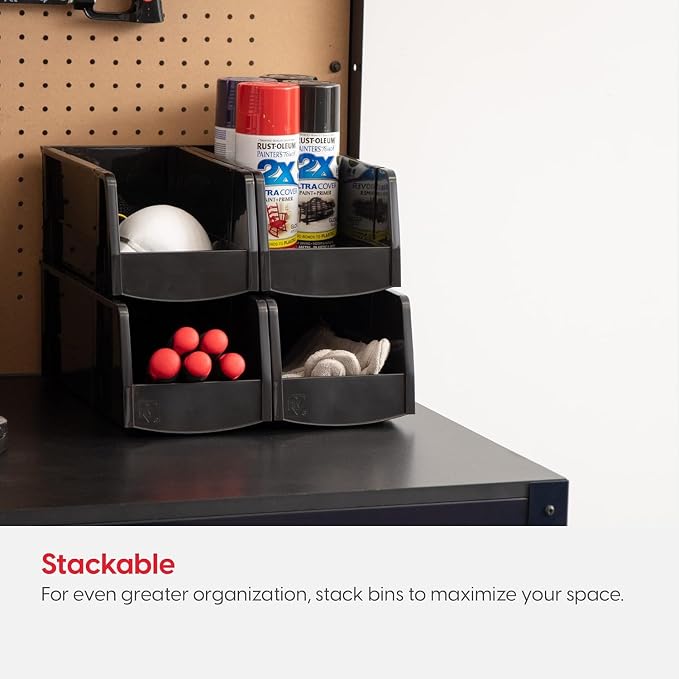 IRIS USA 8-Pack, Medium Stackable Storage Bins, Black | Organize small parts, hardware, craft supplies, pantry items, and household essentials with open-front access, stackable bins