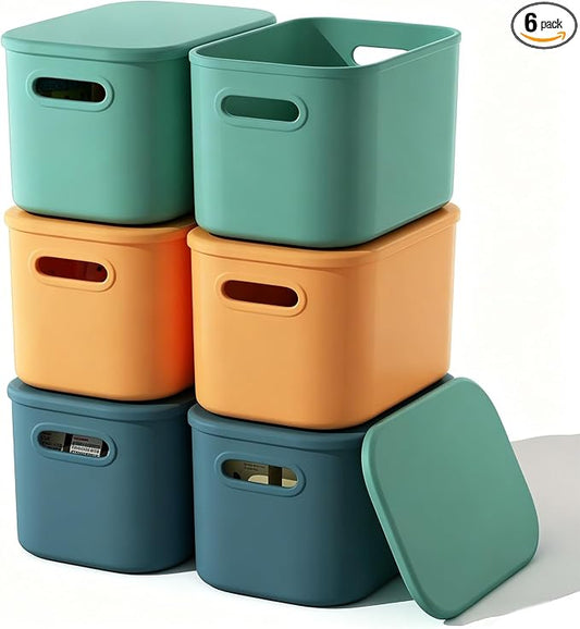 ORGIDOL 6 Pack Colorful Storage Bins with Lids Stackable Storage Container for Organizing, Storage Boxes with Handle for Shelves, Cute Storage Bin for Craft, Snacks, 9.85x6.9x5.7 inch