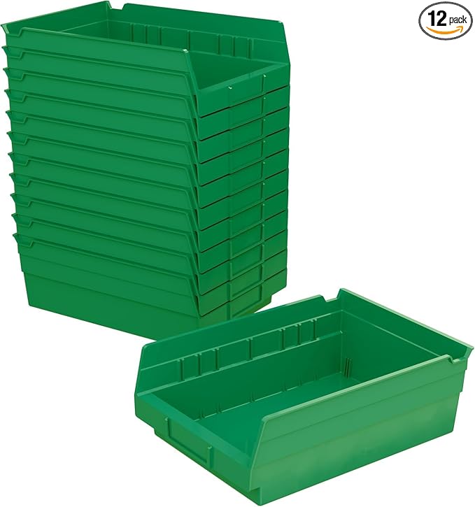 Akro-Mils 30150 Heavy Duty Plastic Shelf Bins, 12"x 8"x 4", Green, 12-Pack