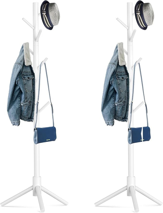 Hupmad Wooden Tree Coat Rack Stand,Sturdy Freestanding Coat Rack with 8 Hooks,3 Adjustable Height for Child Adult,Wood Coat Stand Tree Fits Entryway Bedroom Office for Bags,Hats, 2 Pack