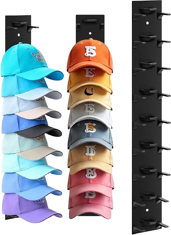 1 Pack Hat Organizer For Baseball Caps, Hat Rack for Wall Holds 9 Hats | Thick ABS Plastic, Adhesive Or Screw Mount, Extended Spaced Tiers Help Keep Cap Shape, For Doors, Closets, Bedrooms