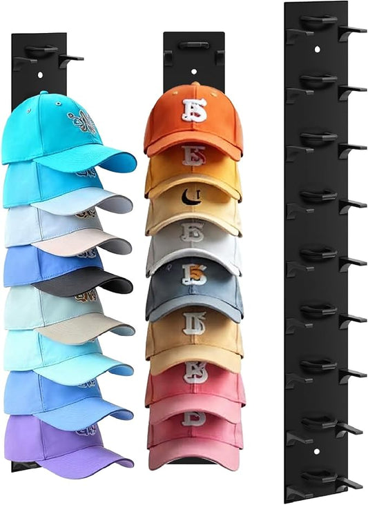 1 Pack Hat Organizer For Baseball Caps, Hat Rack for Wall Holds 9 Hats | Thick ABS Plastic, Adhesive Or Screw Mount, Extended Spaced Tiers Help Keep Cap Shape, For Doors, Closets, Bedrooms