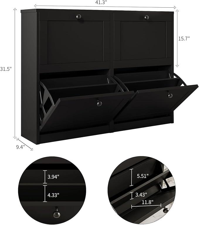 VOWNER Shoe Cabinet with 4 Flip Drawers, Freestanding Shoe Storage Cabinet with Adjustable Shelf & Anti-Tipping Device, Shoe Rack for Entryway, Hallway, Living Room (Black)