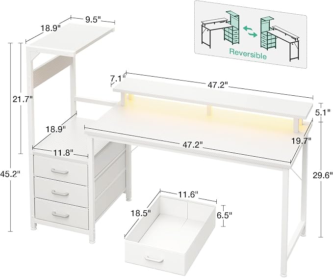 AODK 59 Inch Gaming Desk with USB Charging Ports & LED Light- Reversible Computer Desk with Storage Shelves & Monitor Stand, Modern Gamer Desk Table with Fabric Drawers, White