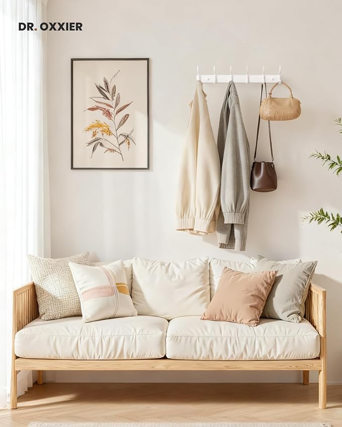 Wall Mounted Coat Rack (White, 1 Pack) - Aluminum 6-Hook Rack with Curved Hooks, Drill Installation, Holds Coats, Towels, and Bags, Ideal for Entryway or Office