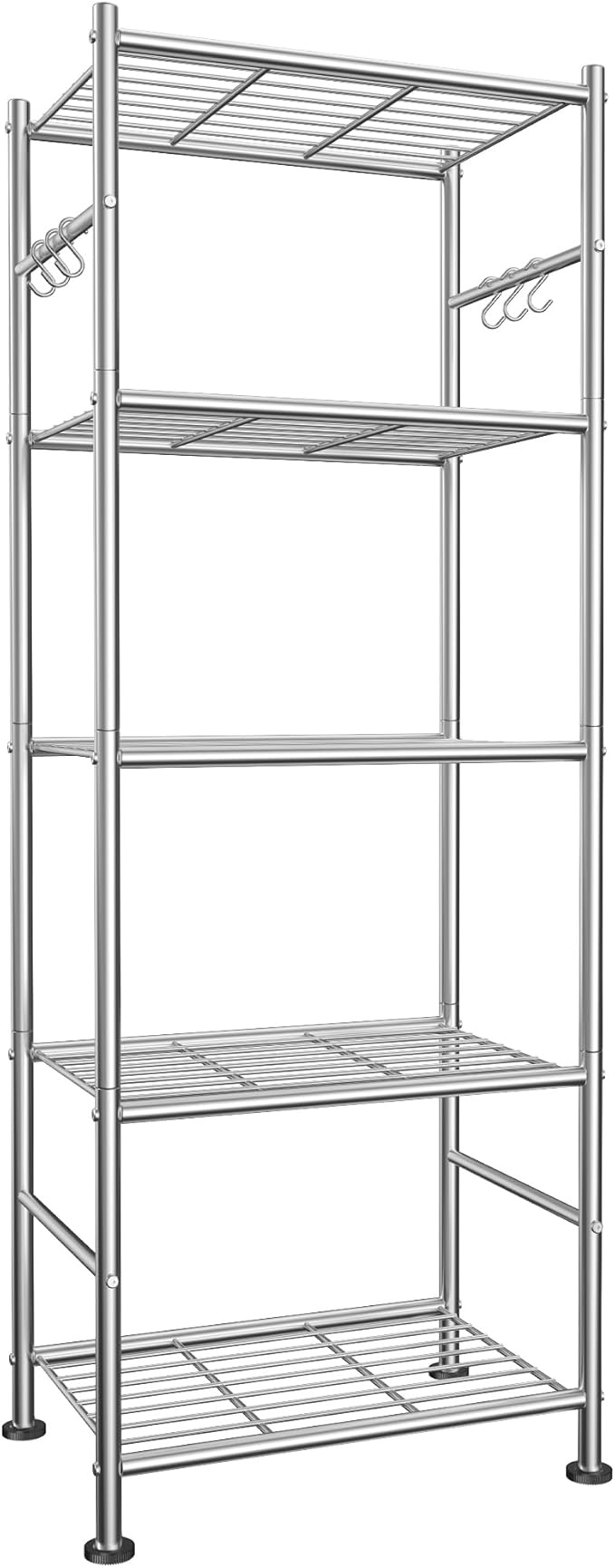 Sakugi Storage Shelves - 5-Tier Large Capacity Shelf Organizer with Hooks, Heavy-Duty Garage Shelving with Leveling Feet, Wobble-Free Rack for Bedroom, Balcony, Garage, 18.1"×12.4"×56.8", Silver