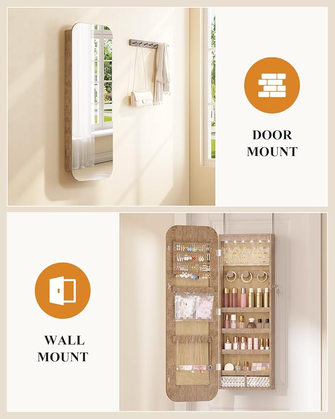 6 LEDs Mirror Jewelry Cabinet Door Hanging, 42.5", Lockable, Brown | Jewelry Organizer with Full Length Mirror, Wall Mounted Large Jewelry Storage for Earrings, Rings, Necklaces