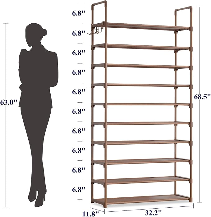 Kitsure 10 Tier Shoe Rack, Tall Shoe Organizer, 32.2" Wide, Brown | Large-Capacity Shoe Storage with Hooks, Shoe Shelf for Closet, Entryway, Bedroom, Living Room, Zapateras Organizer