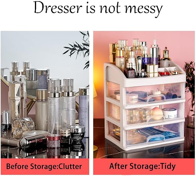 Makeup Organizer with 3 Drawers Plastic Storage for Vanity Cosmetic Display Cases Large Capacity Bathroom Countertop Plastic Storage for Skin Care Products(Arc Type)