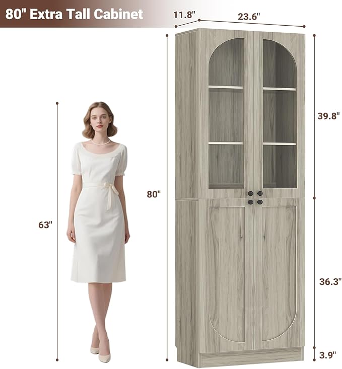 Cyclysio 80" Kitchen Pantry, Tall Arch Storage Cabinet with Tempered Glass & Soft Close Doors, Freestanding Wood Floor Cupboard Bookcase with Seamless Fit Wall for Dining Room, Living Room, Bathroom