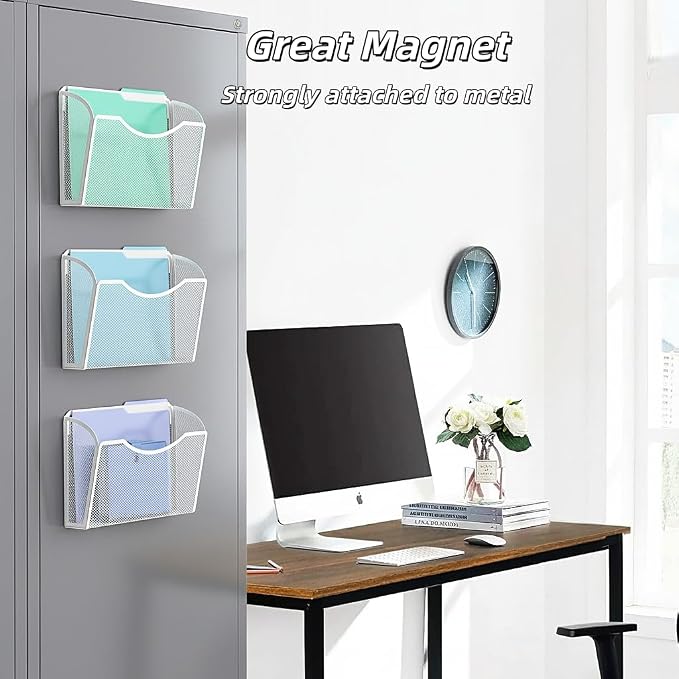 MINDEPOT Magnetic Wall File Organizer, Hanging File Holder, 3 Pack, White | Heavy Duty Iron, Powerful Magnet, Metal Mesh Wall Mount, Single Pocket, for Office School Classroom Home, Letter A4 Size