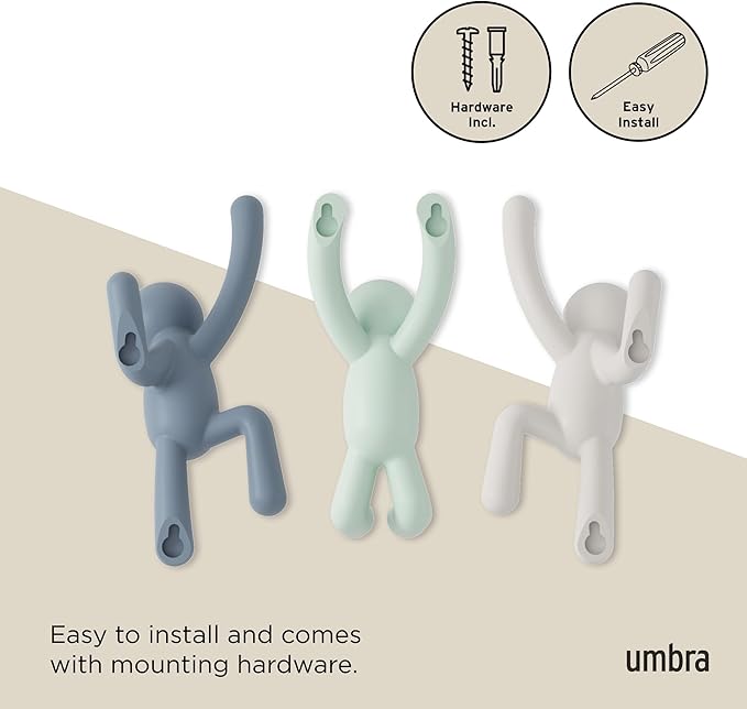 Umbra Buddy Wall Hooks, Wall Mount Coat Hooks, Set of 3, White/Mint/Blue | Easy install with hardware, holds 5lbs per hook, entryway bedroom bathroom dorm, playful hanging storage, recycled plastic