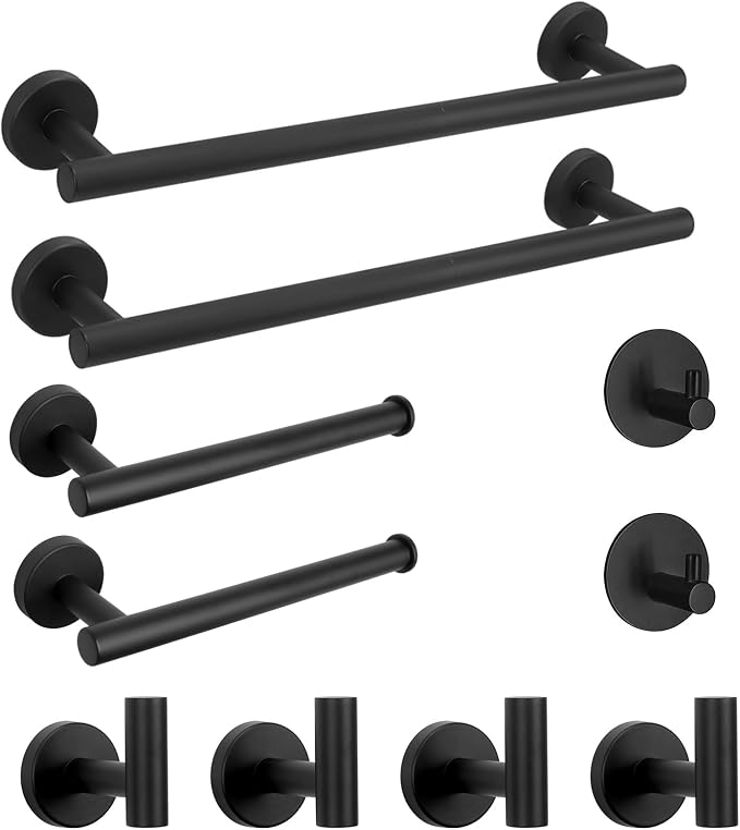 NearMoon Bathroom Hardware Set SUS 304 Thicken Stainless Steel-Towel Bar Set Include 16" Towel Rod, Toilet Paper Holder, Multifunctional Hooks Bathroom Accessories (Matte Black, 10 Pcs)