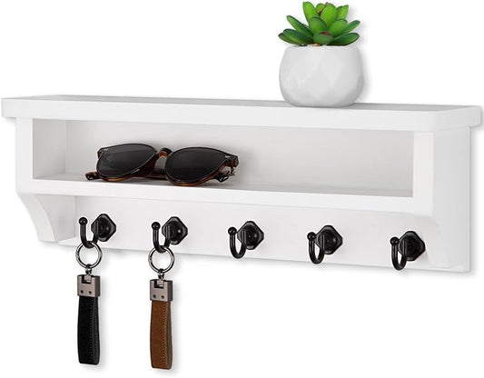 Nekon Key Holder Wall Mount, Wall Organizer Shelf with 5 Key Hooks, Room Decor for Home and Apartment Essentials, White