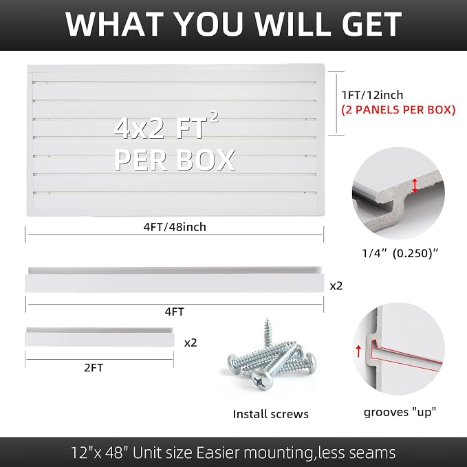 FRAYSCENT Slat Wall Paneling Garage Wall Organizer, Slatwall Panels Garage Tool Organizer Wall Mount Garage Slat Wall Storage Systems, Slat Board PVC Wall Panels Garage Storage (White, 4ftx2ft)