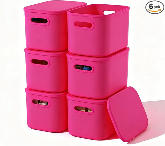 ORGIDOL 6 Pack Pink Storage Bins with Lids Stackable Storage Container for Organizing, Storage Boxes with Handle for Shelves, Cute Storage Bin for Craft, Snacks, 9.85x6.9x5.7 inch