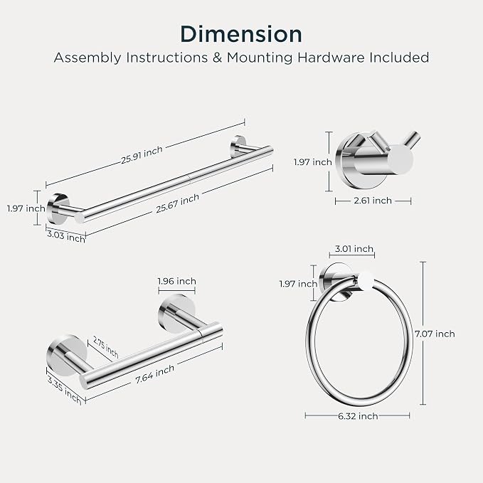 FORIOUS Bathroom Accessories, 4-Piece Bathroom Hardware Set - 24" Towel Bar | Chrome | Towel Hooks, Towel Racks for Bathroom, Toilet Paper Holder Wall Mounted & Towel Ring | SUS304 Stainless Steel