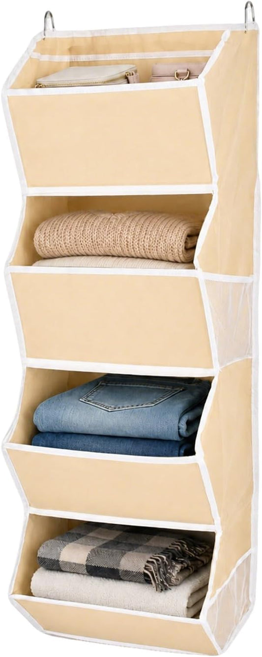 4-Shelf Hanging Closet Organizer and Storage, Fabric Storage Bins Bedroom Organization with Mesh Pockets, Collapsible Hanging Shelves Wardrobe Organization for Home, Dorm, Rv (Beige)
