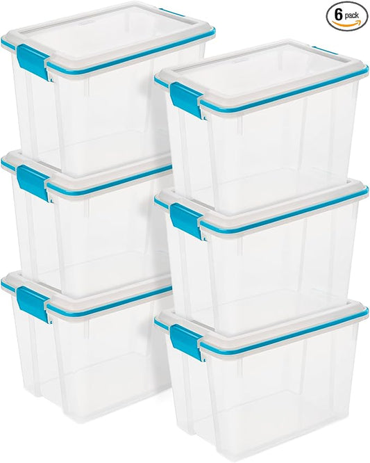 Sterilite 6-Pack Gasket Box, Clear Plastic Storage Bins with Latching Lids, 20 Qt - Large Stackable Tote Containers for Home, Closet, Bathroom, and Office Organization