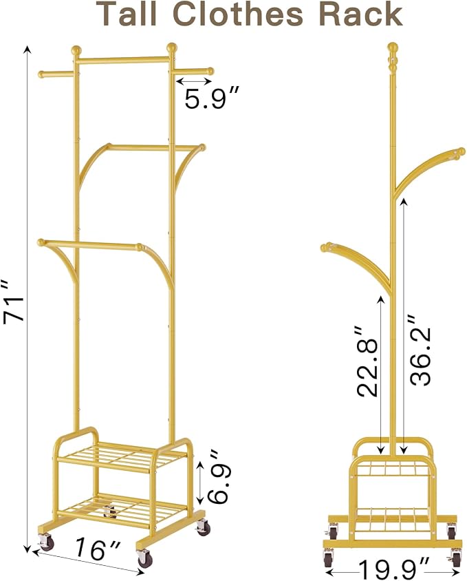 Rolling Clothes Rack with 2 Shelves, Small Gold Clothing Rack with Wheels | Gasvadivum 71" Tall Sturdy Metal Garment Rack with 3 Hanging Rods, Freestanding Portable Coat Rack for Bedroom, Entryway
